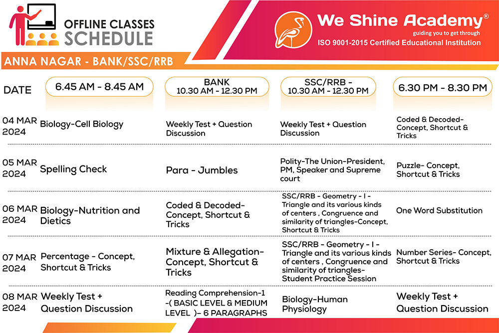 We Shine Academy Bank/SSC/RRB Class – Schedule