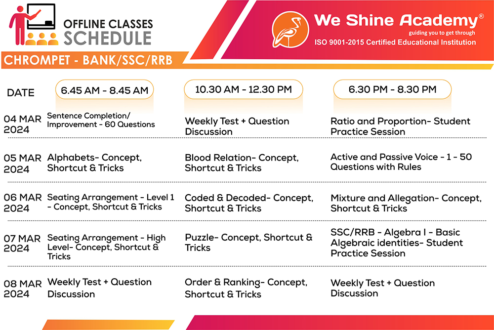 We Shine Academy Bank/SSC/RRB Class – Schedule